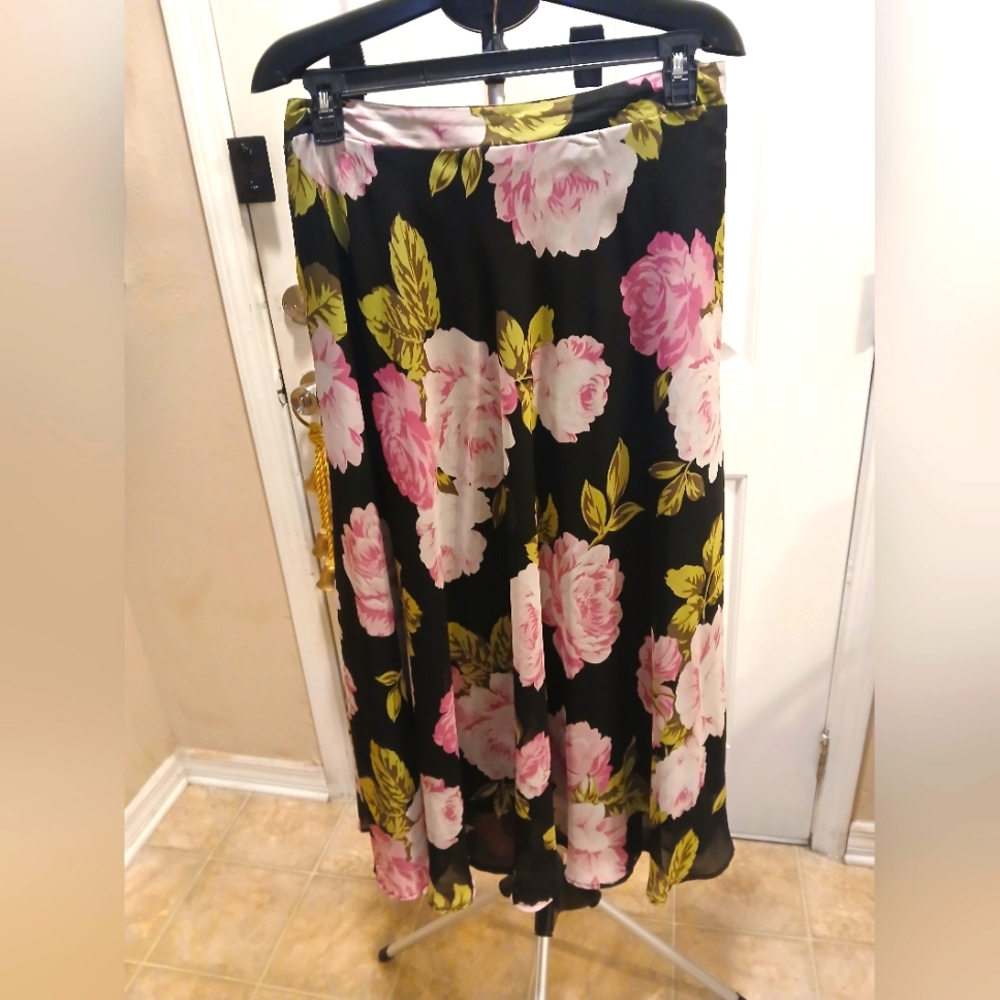 Sheer Floral Midi Skirt With Lining. Color: Black, Pink, and Green. Never Worn.